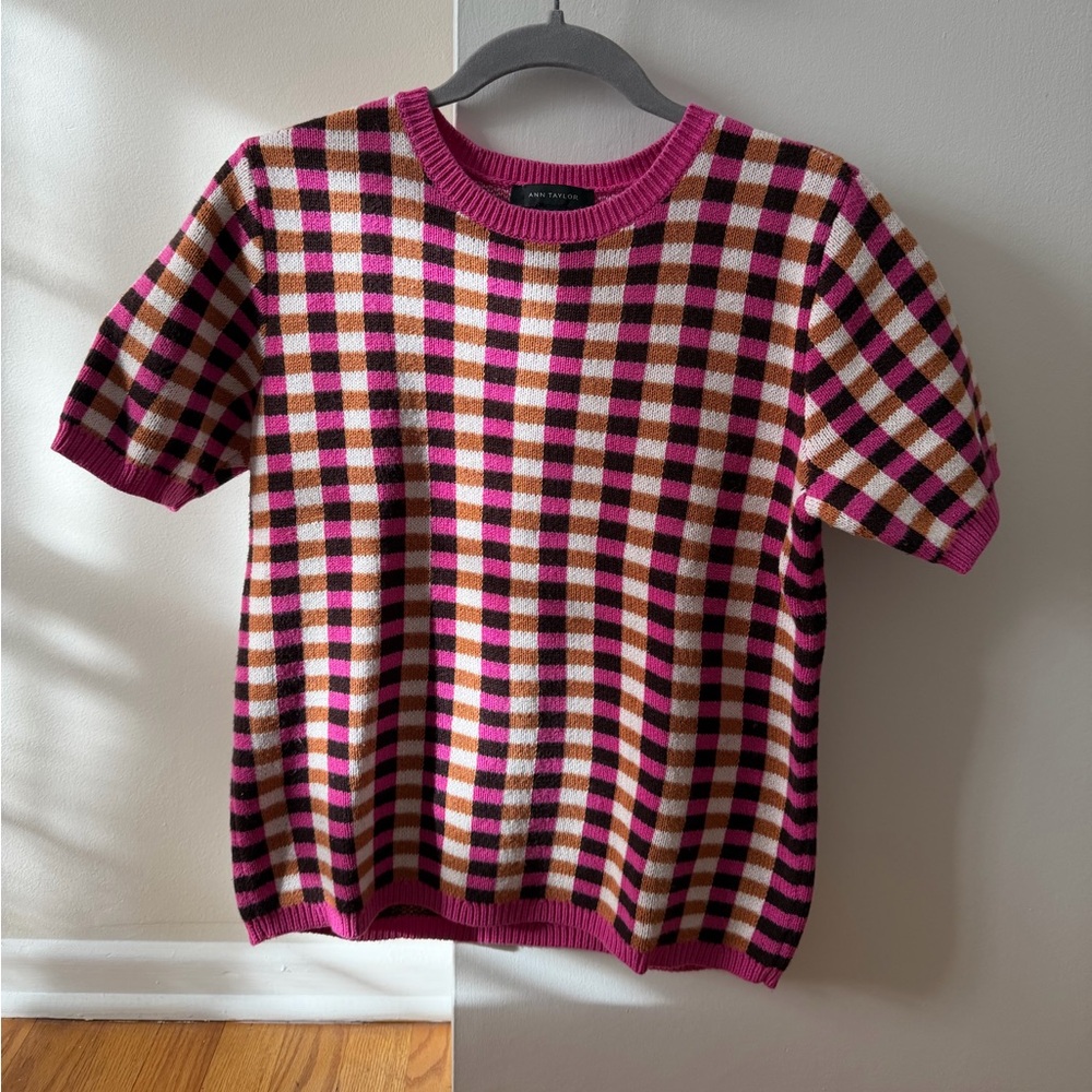 Ann Taylor Pink Checkered Knit Sweater